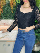 BLUSA CREPE MALHA COM RENDA MANGA LONGA