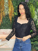 BLUSA CREPE MALHA COM RENDA MANGA LONGA