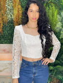 BLUSA CREPE MALHA COM RENDA MANGA LONGA